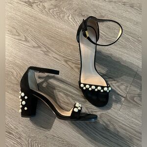 Stuart Weitzman nearlynude nudist more pearls chunky heel black suede 7